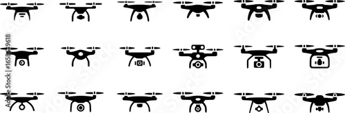Black drone icons with cameras and propellers quadcopter aerial vehicle