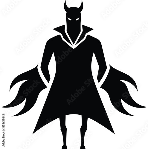 Silhouette of a Sinister Devilish Character with Horns and Cloak, Symbolizing Darkness and Mystique, Set Against a Plain Backdrop