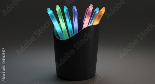Colorful pens in a dark holder