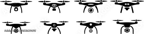 Black drone icons with cameras and propellers quadcopter aerial vehicle