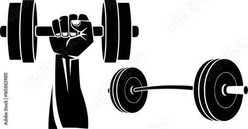 Black fist holding dumbbell and barbell weightlifting strength