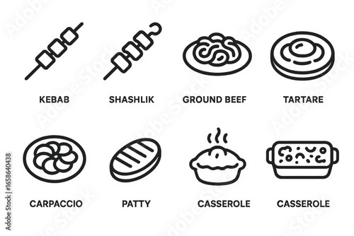 Variety of delicious meat dishes including kebabs, beef patty, and casserole displayed in a culinary layout