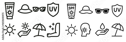 Sun protection icons illustrating various ways to guard against UV rays during summer activities outdoors