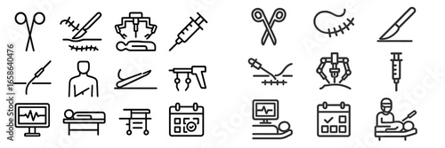 Medical symbols and icons representing surgical procedures, tools, and healthcare activities in a modern context