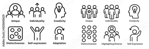 Icons representing concepts of uniqueness, individuality, creativity, and self-expression in a modern design setting