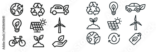 Icons illustrating various sustainable practices and eco-friendly technologies for a greener future