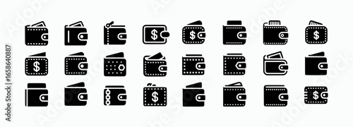 Collection of black wallet icons with dollar signs and card slots money finance