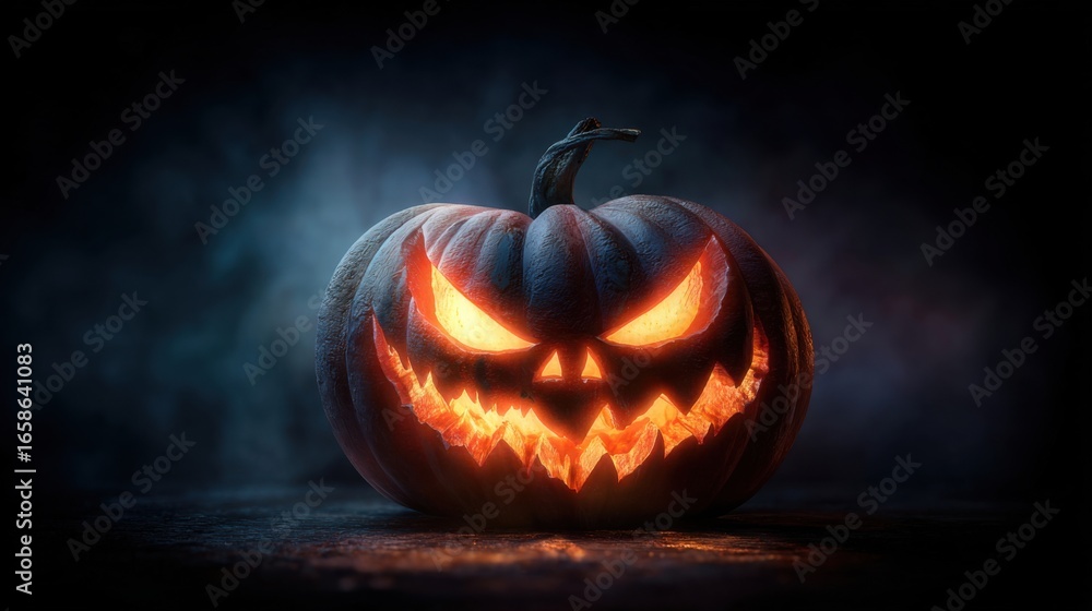 Naklejka premium a scary pumpkin with glowing eyes and a glowing grin
