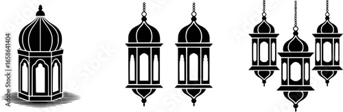 Islamic lanterns and dome structure black silhouettes vector