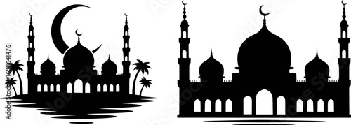 Islamic mosque domes minarets crescent moon palm trees architecture building