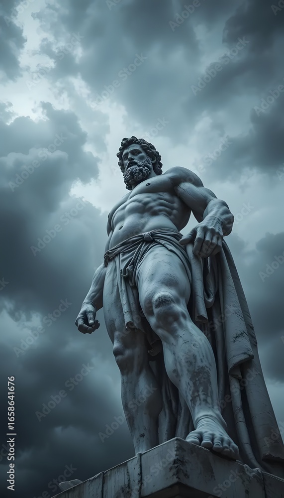 Fototapeta premium Ancient greek statue zeus poseidon mythology art against cloudy sky background