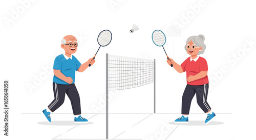 Happy senior couple playing badminton together, enjoying active lifestyle, fitness, and fun exercise in retirement, promoting health, bonding, and energetic elderly activities