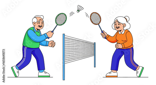 Happy senior couple playing badminton together, enjoying active lifestyle, fitness, and fun exercise in retirement, promoting health, bonding, and energetic elderly activities