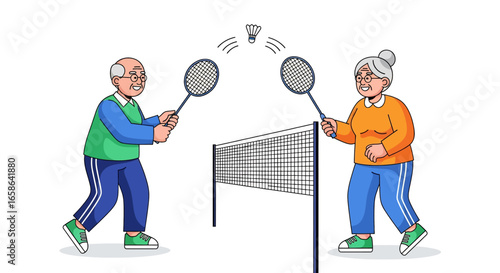 Happy senior couple playing badminton together, enjoying active lifestyle, fitness, and fun exercise in retirement, promoting health, bonding, and energetic elderly activities