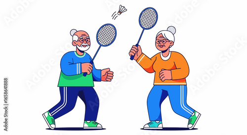 Happy senior couple playing badminton together, enjoying active lifestyle, fitness, and fun exercise in retirement, promoting health, bonding, and energetic elderly activities