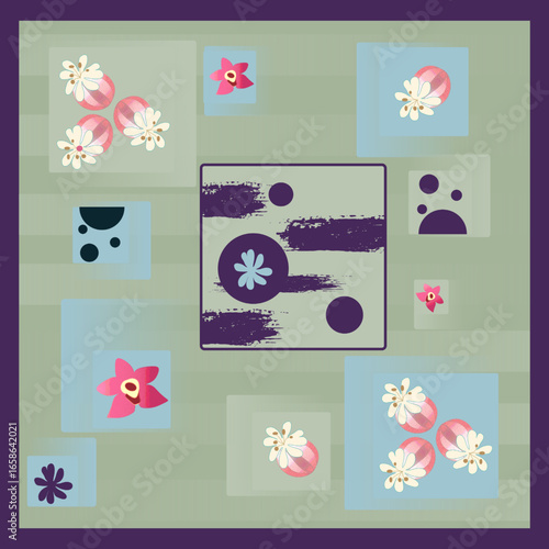 Bouquet of flowers, flower buds and orchids and geometric shapes. Botanical illustration. Square floral template. Silk neckerchief, shawl bandana, handkerchief design. Floral contemporary background.