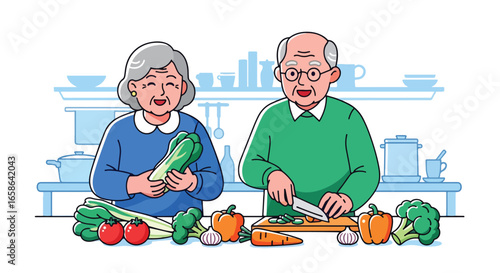 Elderly couple cooking healthy meal together in kitchen, preparing vegetables, enjoying retirement lifestyle, teamwork, nutrition, wellness, happiness, and family bonding