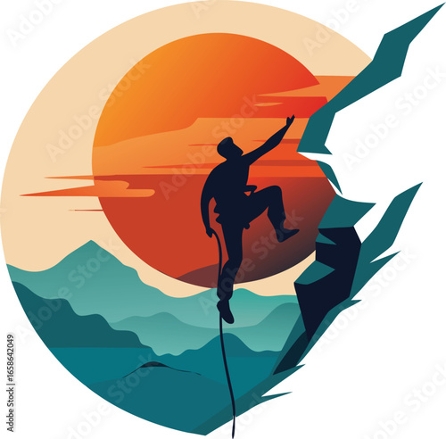 Determined climber scales rocky peak against vibrant sunset, embodying strength and adventure