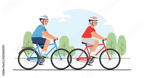Elderly couple cycling together outdoors, enjoying active lifestyle, fitness, and wellness. Senior activity promoting health, happiness, exercise, and outdoor recreation
