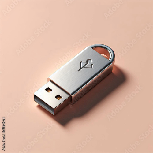 A sleek metallic USB flash drive resting on a soft pastel surface, casting a subtle shadow