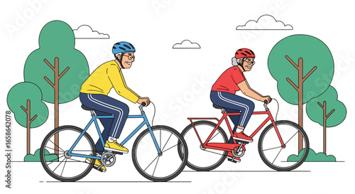 Elderly couple cycling together outdoors, enjoying active lifestyle, fitness, and wellness. Senior activity promoting health, happiness, exercise, and outdoor recreation