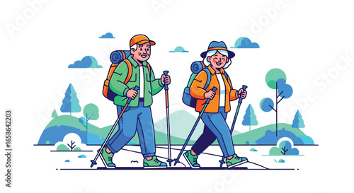 Active senior couple hiking together in nature, carrying backpacks and walking sticks. Elderly lifestyle with outdoor adventure, health, fitness, and joyful retirement activity