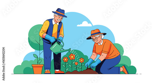 Elderly couple gardening together, planting flowers and watering plants with joy. Senior lifestyle activity promoting health, relaxation, teamwork, and outdoor wellness