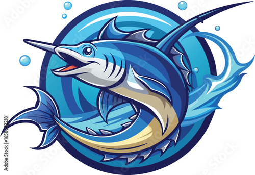 Dynamic blue marlin leaping through stylized ocean waves and bubbles, perfect for sport fishing logos.