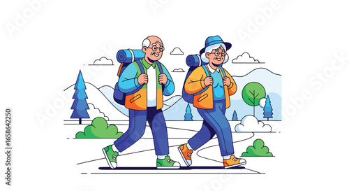 Active senior couple hiking together in nature, carrying backpacks and walking sticks. Elderly lifestyle with outdoor adventure, health, fitness, and joyful retirement activity