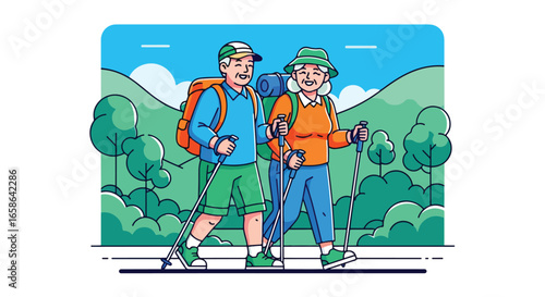 Active senior couple hiking together in nature, carrying backpacks and walking sticks. Elderly lifestyle with outdoor adventure, health, fitness, and joyful retirement activity