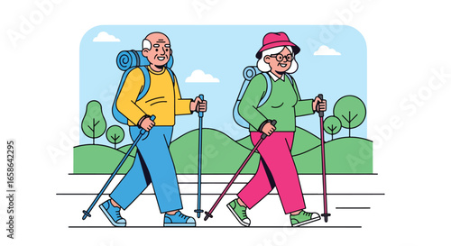 Active senior couple hiking together in nature, carrying backpacks and walking sticks. Elderly lifestyle with outdoor adventure, health, fitness, and joyful retirement activity
