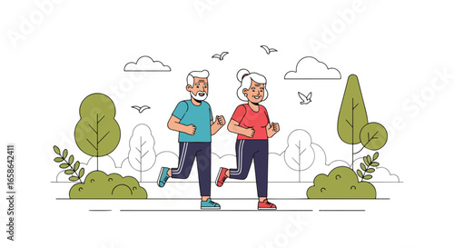 Senior couple jogging together in the park, enjoying healthy outdoor exercise and active lifestyle. Elderly fitness, wellness, and happiness in retirement years