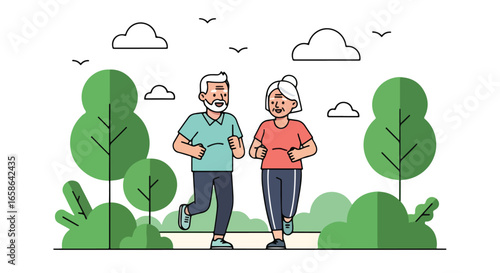 Senior couple jogging together in the park, enjoying healthy outdoor exercise and active lifestyle. Elderly fitness, wellness, and happiness in retirement years