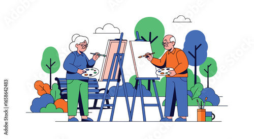 Elderly couple painting together outdoors, enjoying creative art activities in retirement. Senior hobby promoting relaxation, bonding, happiness, and active aging lifestyle