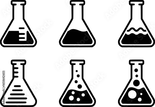 Six laboratory flasks with various liquids and bubbles science chemistry