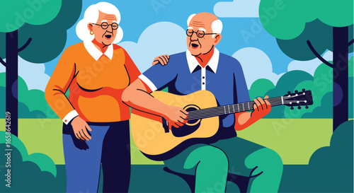 Elderly couple enjoying music together in the park. Senior man playing guitar while woman sings joyfully, symbolizing love, harmony, and creative retirement lifestyle