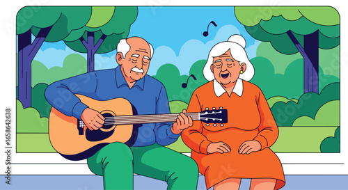 Elderly couple enjoying music together in the park. Senior man playing guitar while woman sings joyfully, symbolizing love, harmony, and creative retirement lifestyle
