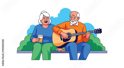 Elderly couple enjoying music together in the park. Senior man playing guitar while woman sings joyfully, symbolizing love, harmony, and creative retirement lifestyle