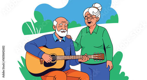 Elderly couple enjoying music together in the park. Senior man playing guitar while woman sings joyfully, symbolizing love, harmony, and creative retirement lifestyle