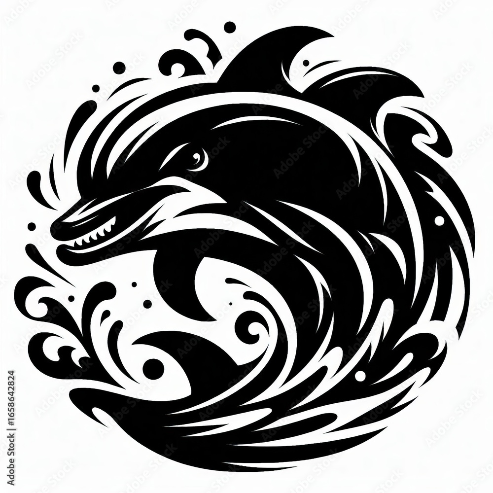 Obraz premium Dynamic black silhouette of a dolphin leaping through water waves