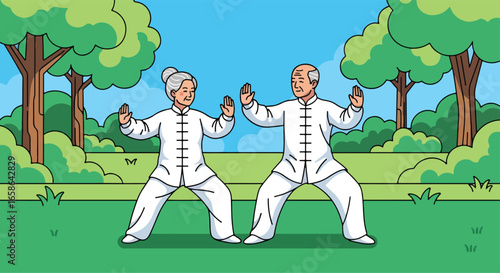 Elderly couple practicing Tai Chi in park. Active seniors in traditional outfit enjoying mindful exercise, promoting balance, relaxation, and healthy lifestyle in retirement