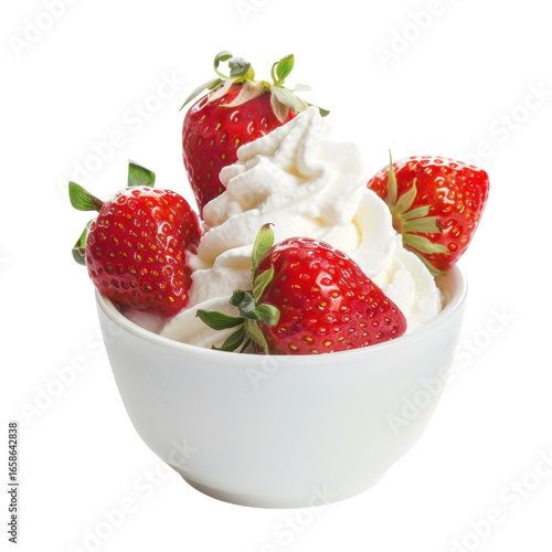 Fresh strawberries with whipped cream in a bowl, delicious dessert