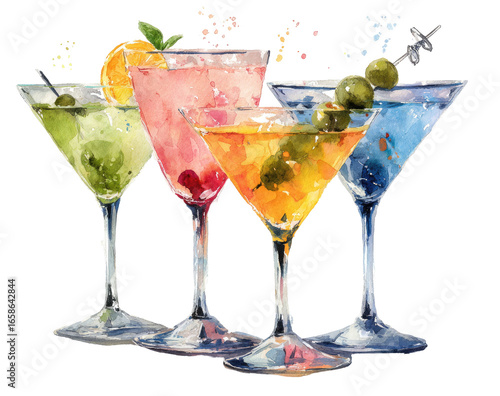 Colorful cocktails in martini glasses, featuring vibrant hues and garnishes