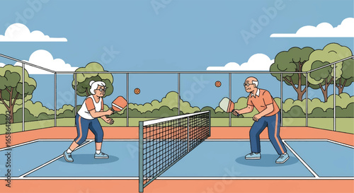 Elderly couple playing pickleball together on outdoor court. Active seniors enjoying healthy lifestyle, exercise, and fun sport activity in retirement, promoting fitness and wellness