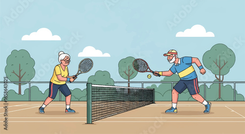 Active elderly couple playing tennis together on outdoor court. Illustration of seniors enjoying sport, fitness, and healthy lifestyle, promoting retirement vitality and wellness
