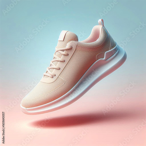 A stylish pink sneaker floating against a gradient background, showcasing modern footwear design
