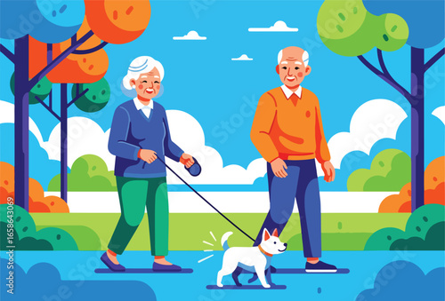 Happy elderly couple walking their dog in the park on a sunny day. Active senior lifestyle illustration promoting health, companionship, outdoor fitness, and retirement joy