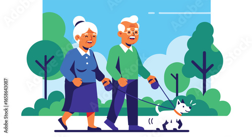 Happy elderly couple walking their dog in the park on a sunny day. Active senior lifestyle illustration promoting health, companionship, outdoor fitness, and retirement joy
