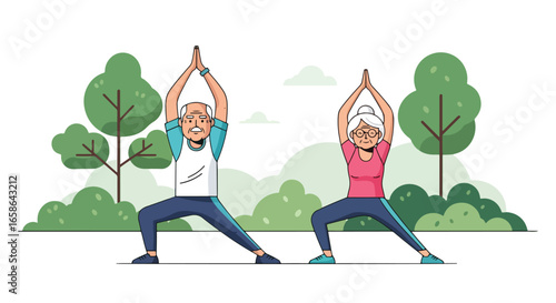 Elderly couple practicing yoga outdoors on mats, stretching and balancing in park. Healthy senior lifestyle illustration promoting fitness, relaxation, and active aging