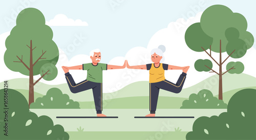 Elderly couple practicing yoga outdoors on mats, stretching and balancing in park. Healthy senior lifestyle illustration promoting fitness, relaxation, and active aging